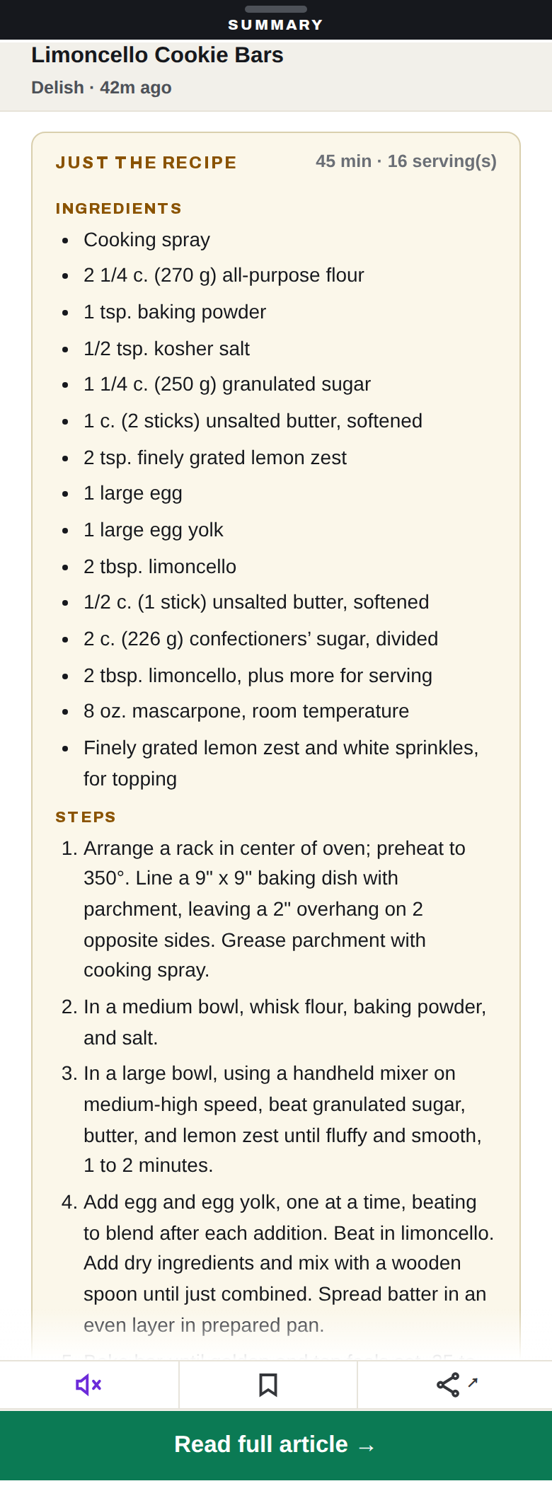 A Muuted summary sheet showing the Just the recipe box with full ingredients and steps