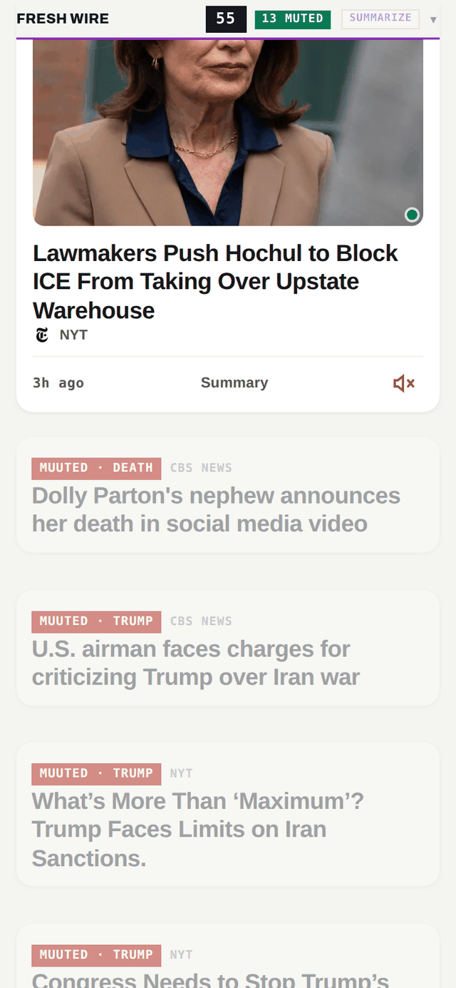 Chaos Mode in the real app: muted stories shown as faded ghost cards labeled MUUTED with the word that caught them