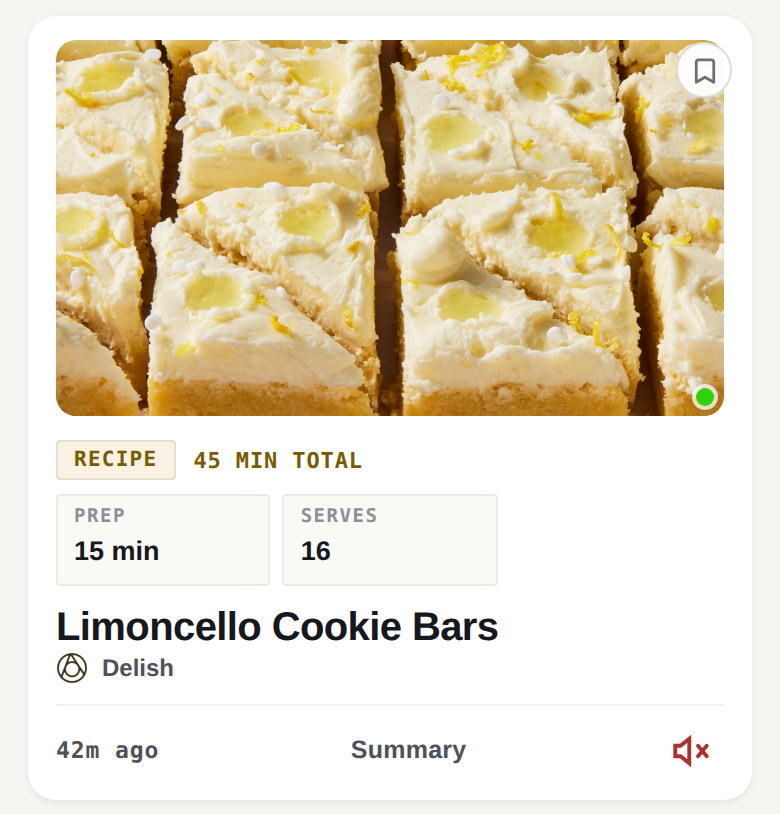 A real Muuted recipe card: food photo, RECIPE badge, 45 minutes total, prep and servings