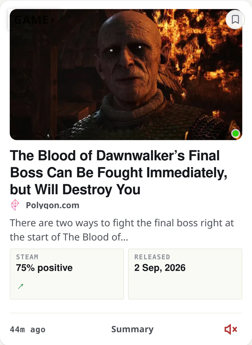 A real Muuted game card: The Blood of Dawnwalker with Steam score and release date