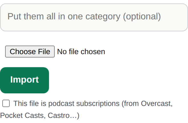 Muuted's Import a list box, with the podcast subscriptions checkbox