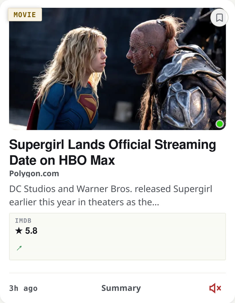 A real Muuted movie card: Supergirl streaming news with the IMDb rating on the card