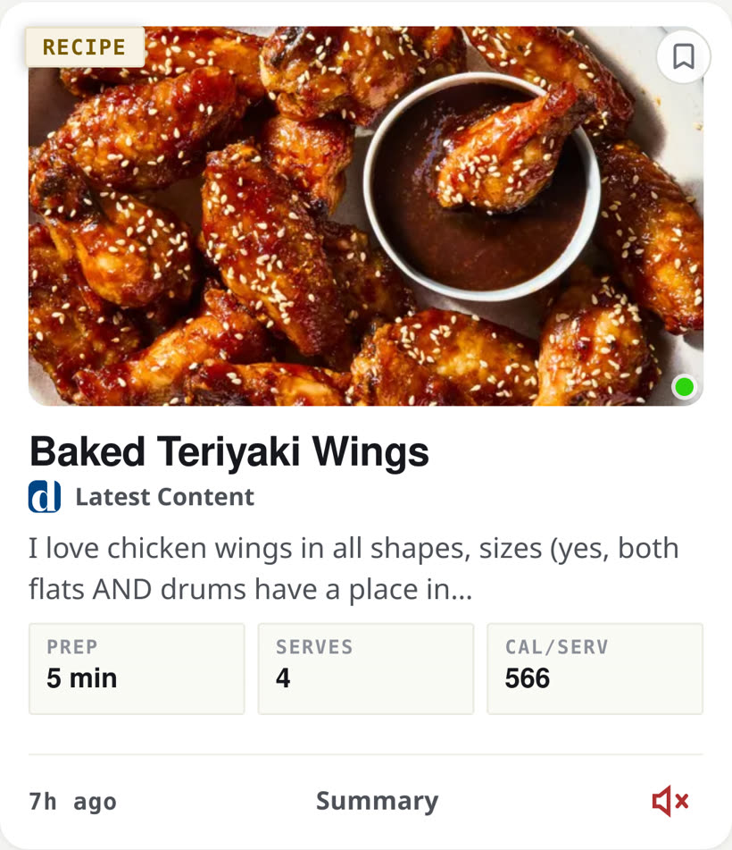 A recipe blog in a Muuted feed, the kind of publisher Apple News does not carry