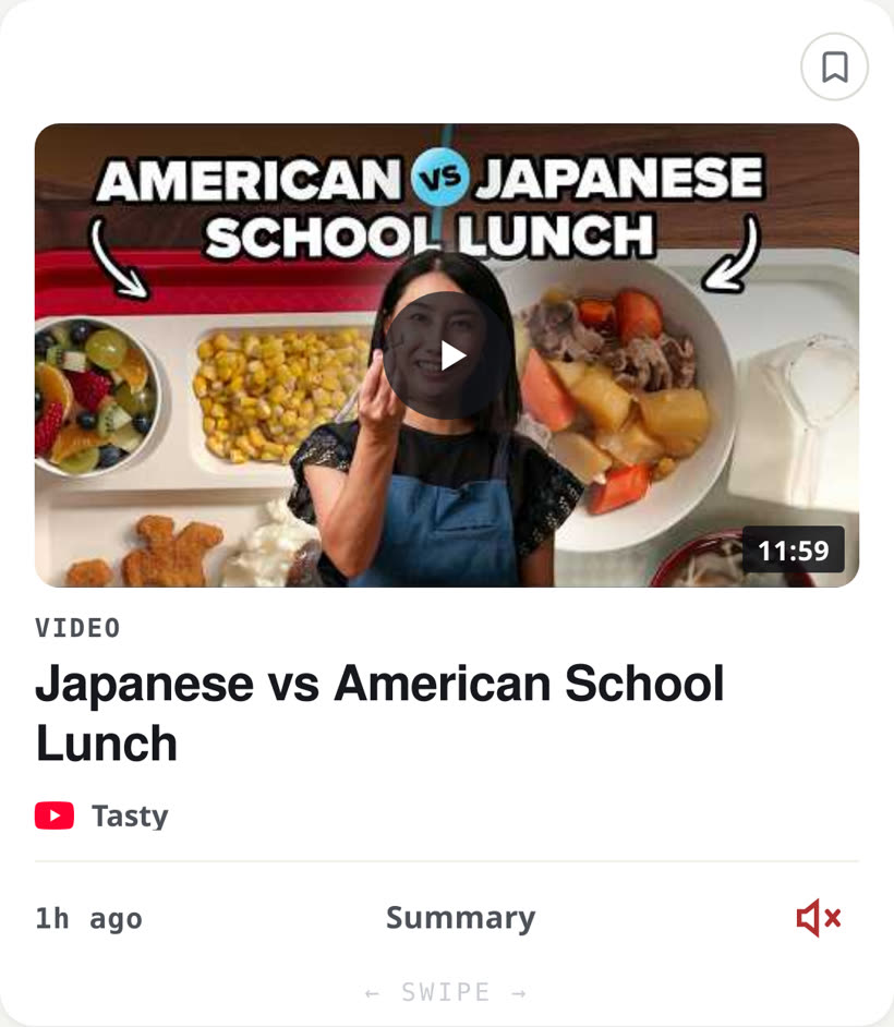 A real Muuted YouTube card: the video plays in the feed, and a swipe clears it