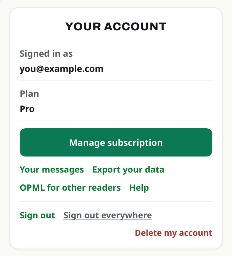 The Your account card in Muuted with Export your data and OPML for other readers links