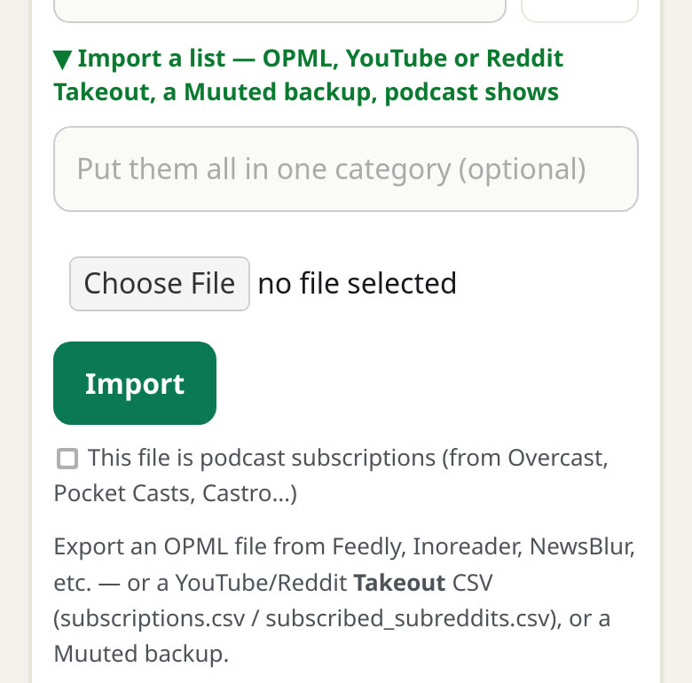 The Import a list panel in Muuted Feed Rules on a phone: a category box, Choose File and Import