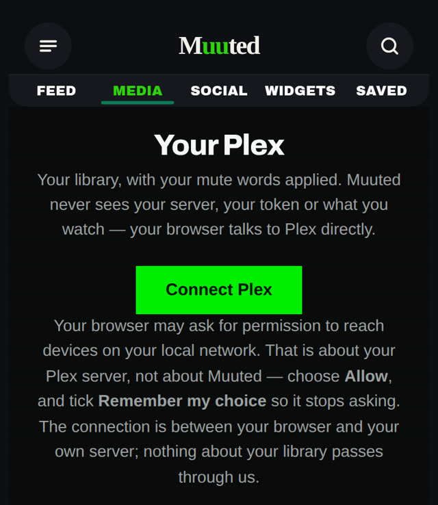 The Plex tab before connecting: Your Plex, a Connect Plex button, and the note about the local-network prompt