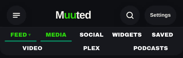 The Muuted top bar with the MEDIA lane open: Video, Plex and Podcasts tabs