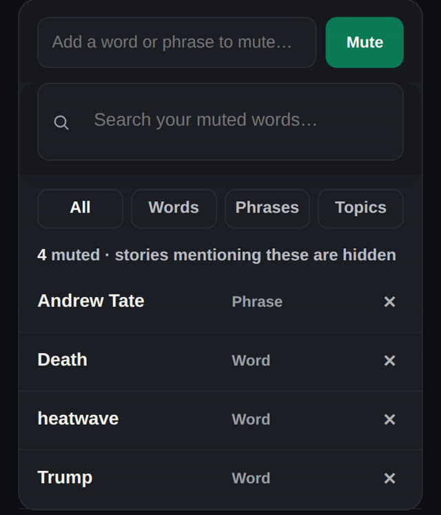 Feed Rules, Mutes: the list of muted words and phrases