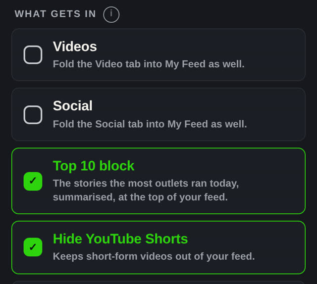 Feed Settings, What gets in: the Hide YouTube Shorts switch, on