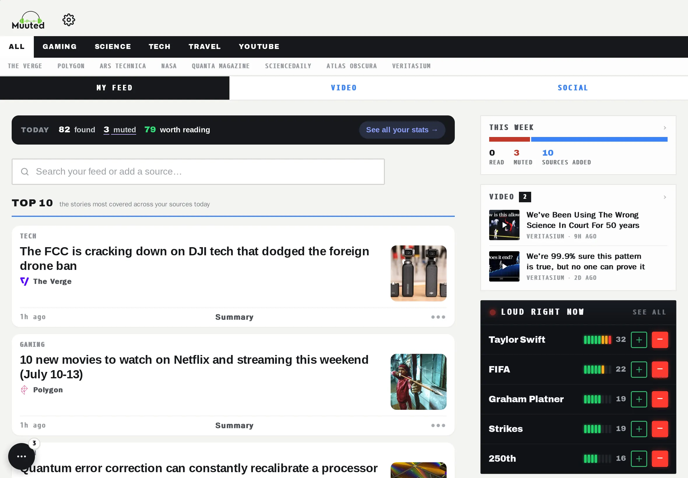 The Muuted feed on desktop — 82 stories found, 3 muted, 79 worth reading