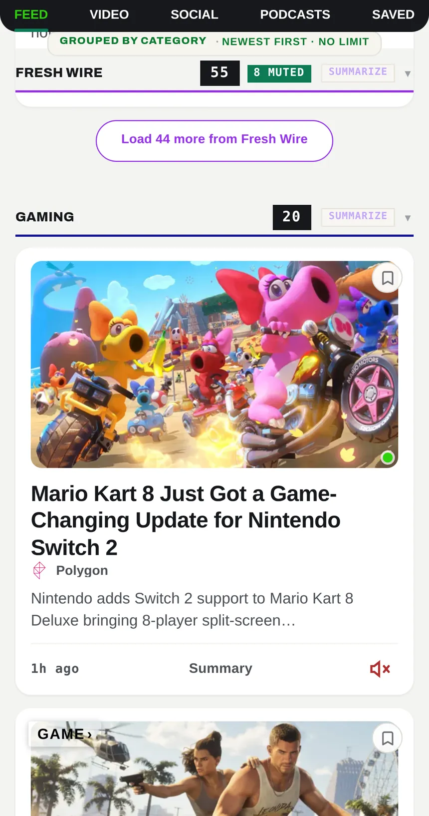 A Muuted feed grouped by category, showing how many stories were muted