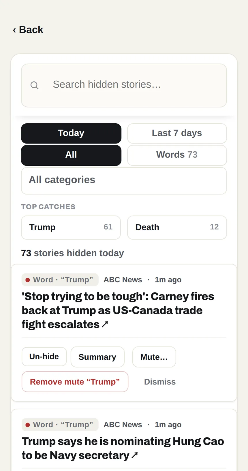 Hidden stories in Muuted, each labelled with the muted word that caught it