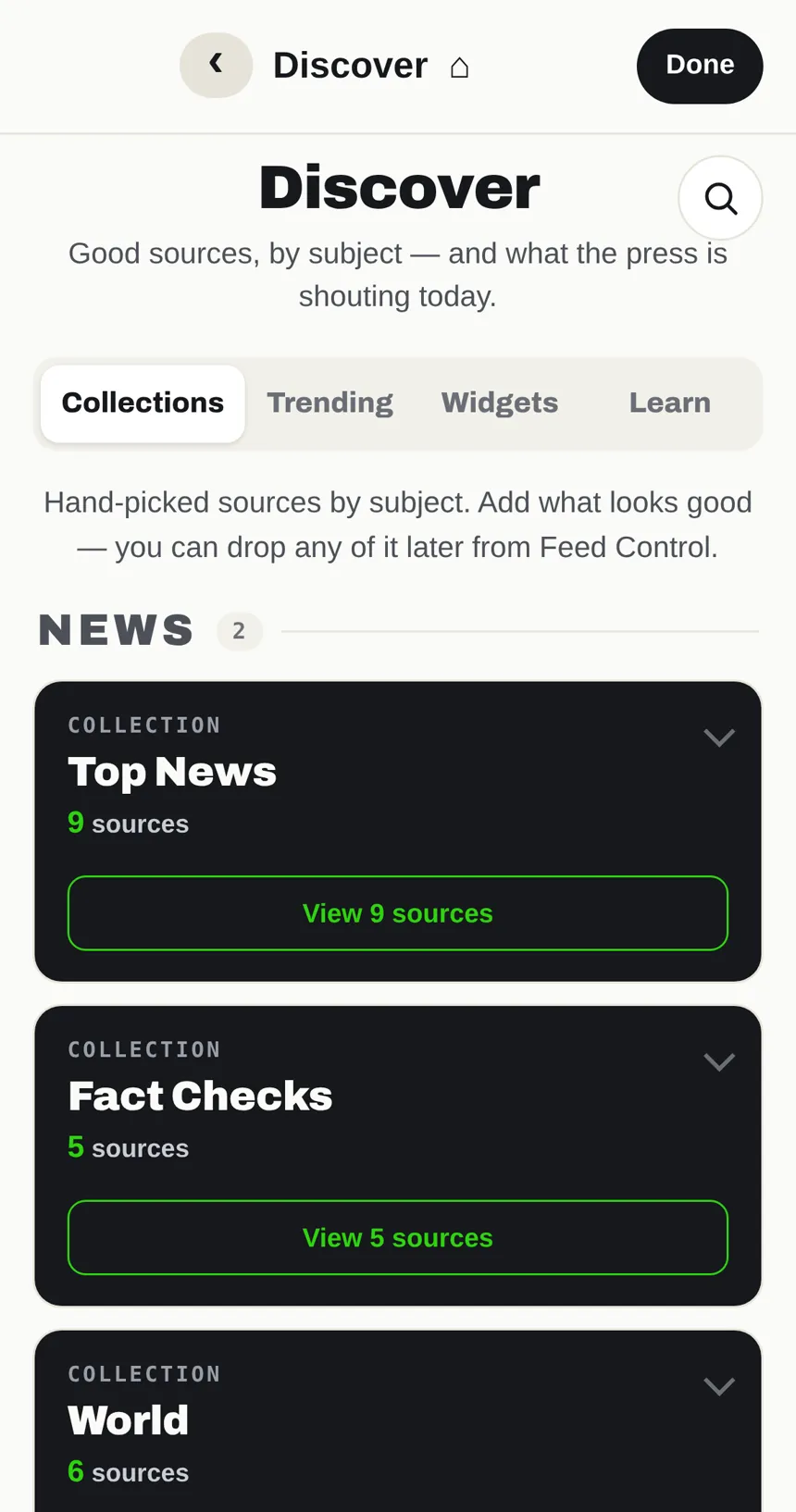 Muuted Discover, showing curated collections of sources to add